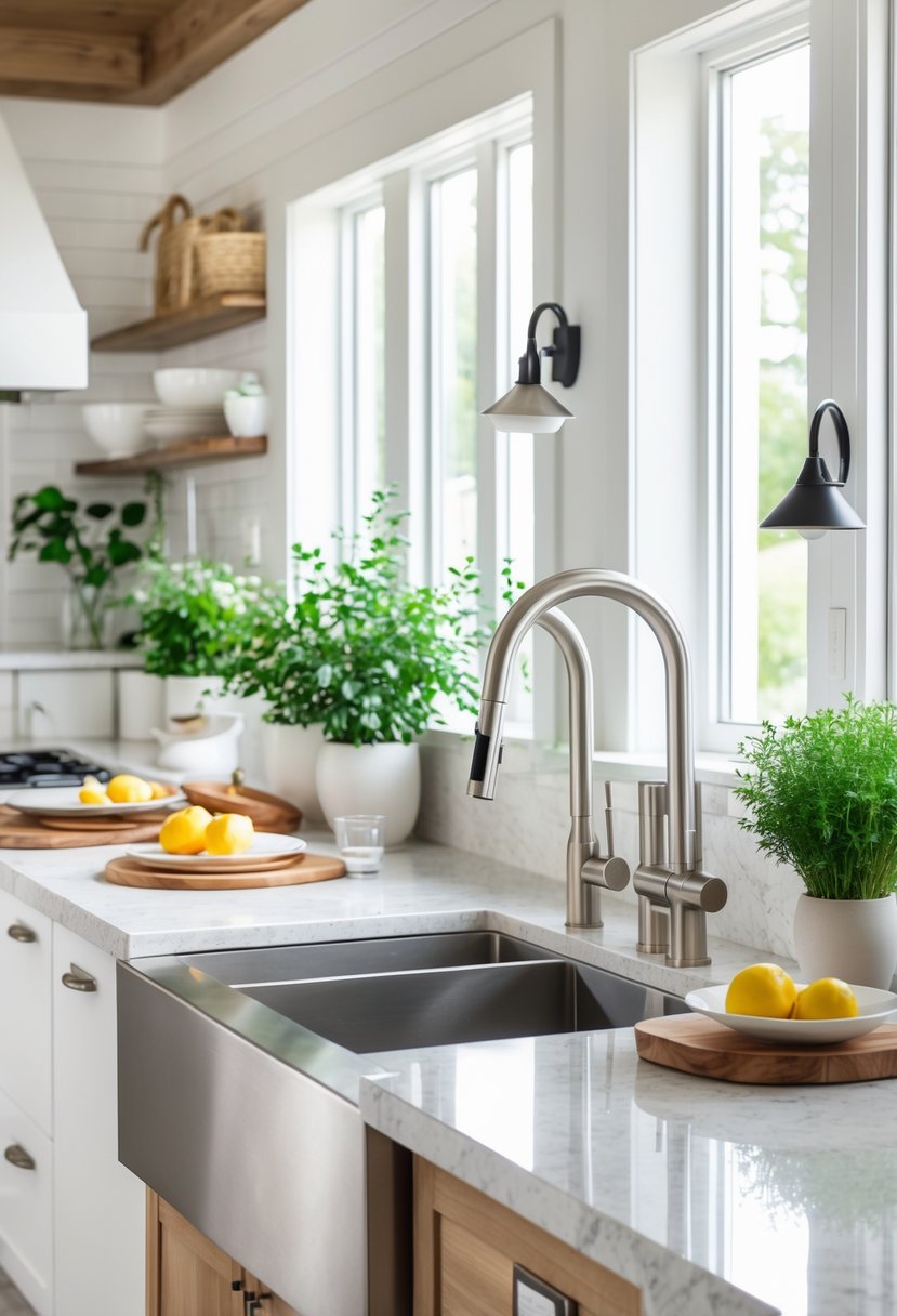 v2 14n9xs ekr0s A modern kitchen displaying several different styles of kitchen sinks with countertops, faucets, and decorative plants.