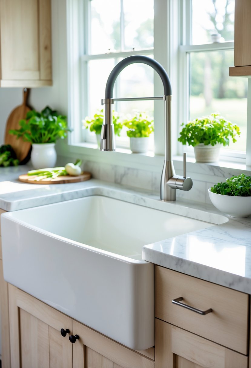v2 14n9y5 nfkwl A farmhouse apron front kitchen sink with a stainless steel faucet in a bright kitchen with white countertops and wooden cabinets.