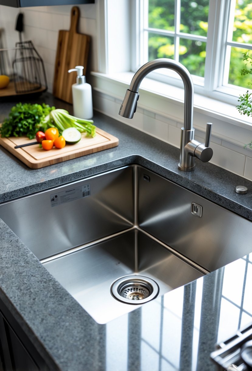 v2 14n9yj A modern kitchen with an undermount stainless steel sink set beneath a granite countertop, surrounded by fresh vegetables and kitchen accessories.