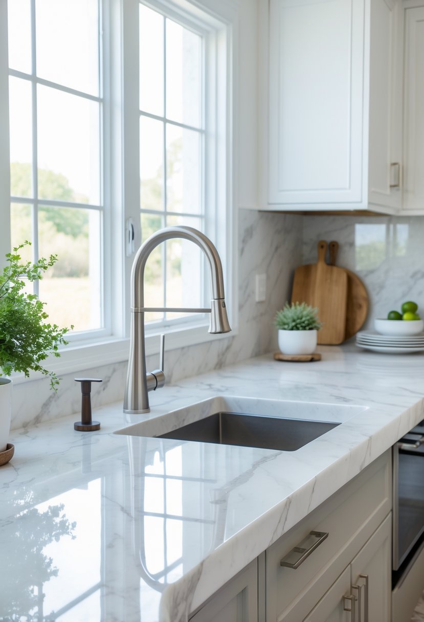 v2 14n9yx ugkzq A modern kitchen with a seamless integrated marble sink built into a marble countertop, surrounded by minimalist fixtures and kitchen accessories.