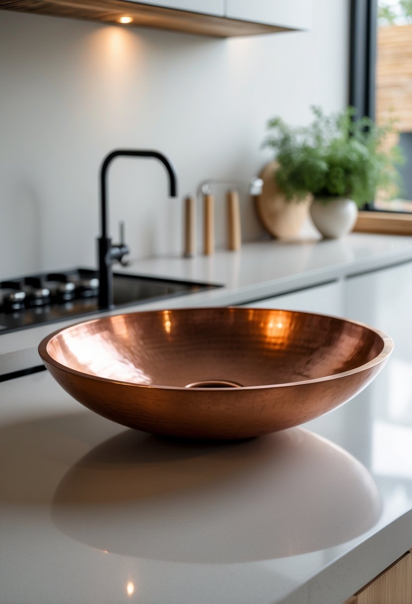 v2 14n9zc opcmt A modern kitchen with a copper statement basin on a countertop surrounded by contemporary fixtures and cabinetry.