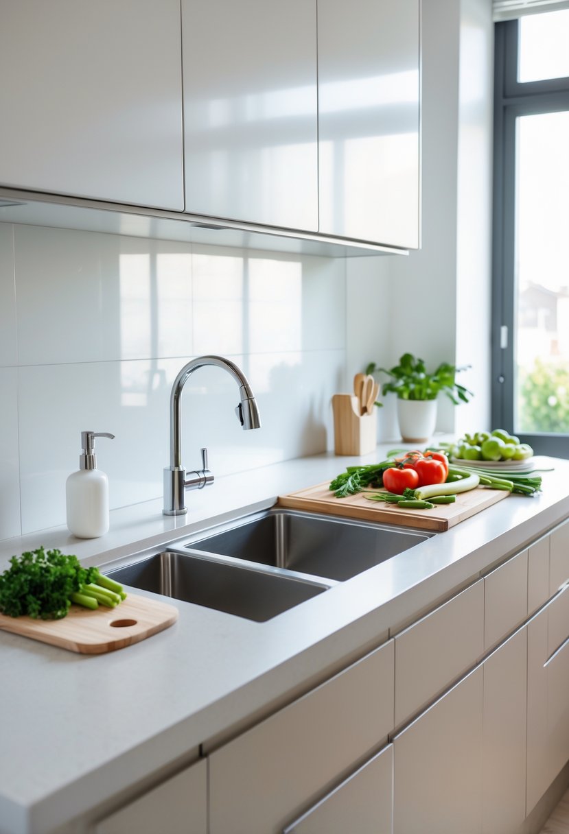 v2 14n9zn 77r1f A modern kitchen with a stainless steel double bowl sink installed in a clean countertop surrounded by kitchen utensils and fresh vegetables.