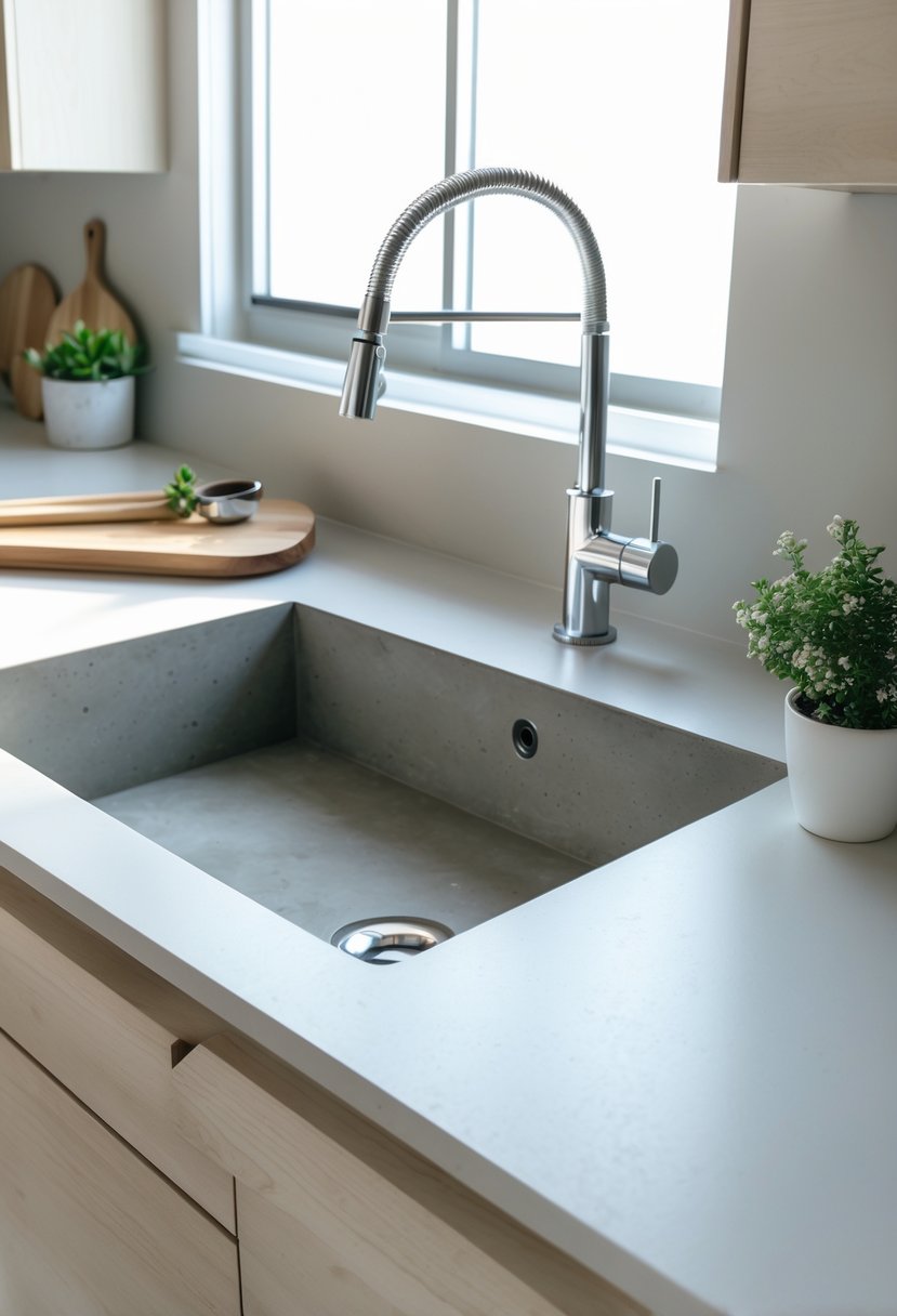 v2 14n9zz 3k0j7 A modern kitchen countertop with a smooth concrete sink, a chrome faucet, a wooden cutting board, and a small potted plant.