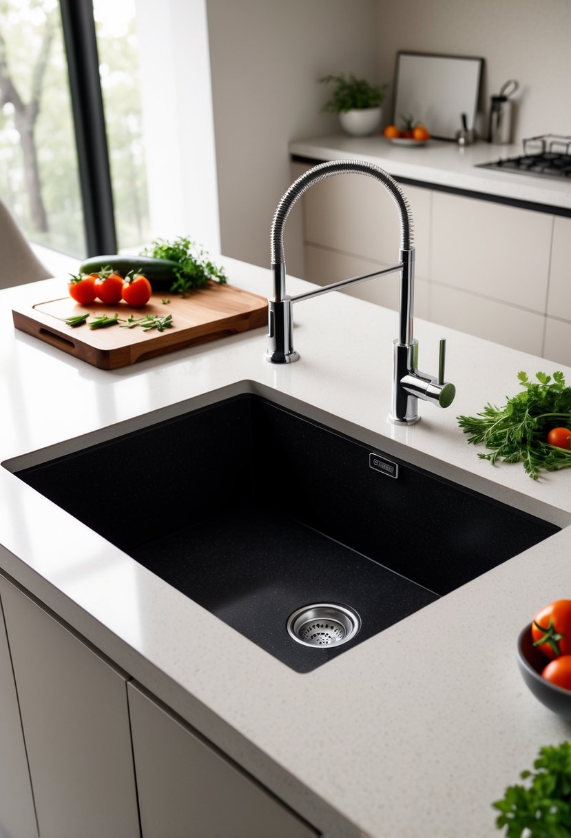 v2 14na0o fk35m A modern kitchen with a black granite composite sink set into a light countertop, surrounded by fresh vegetables and a chrome faucet.