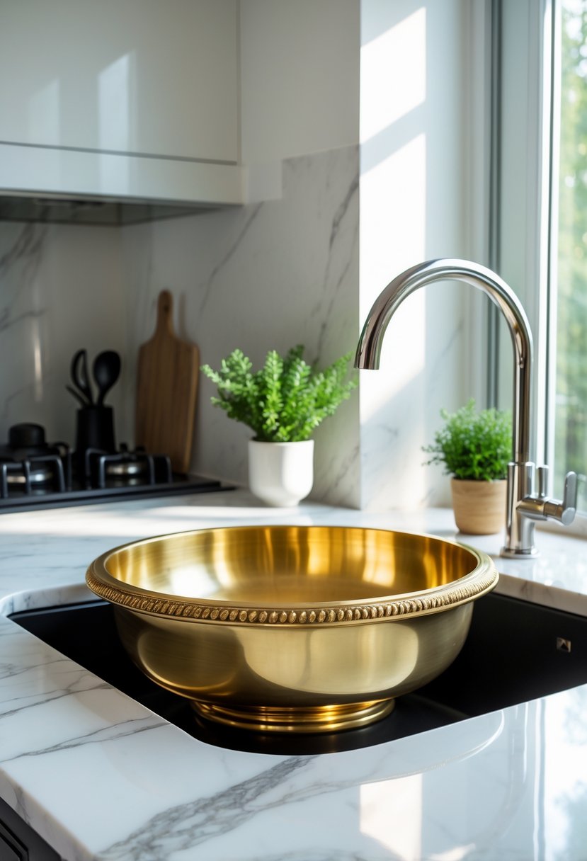 v2 14na0z d2s6n A modern kitchen with a brass basin sink on a white marble countertop, surrounded by kitchen utensils and a small green plant.