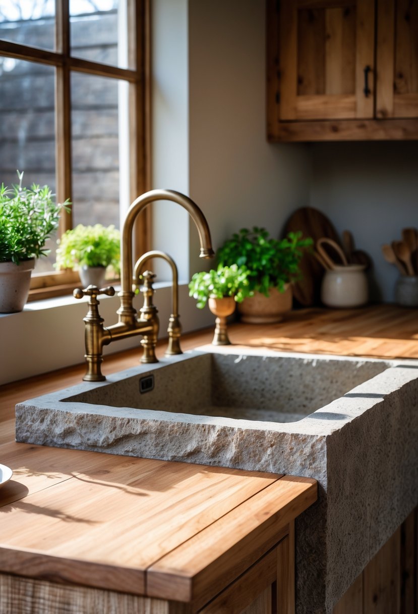 v2 14na1d mj4hd A kitchen with a large stone sink set into a wooden countertop, surrounded by kitchen items and natural light.