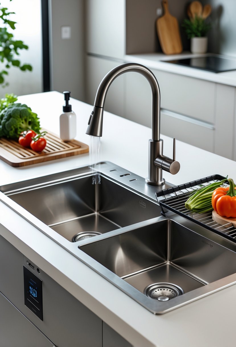 v2 14na1p 8biz9 A modern kitchen sink with double basins, a touchless faucet, soap dispenser, cutting board, drying rack with vegetables and utensils on a clean countertop.