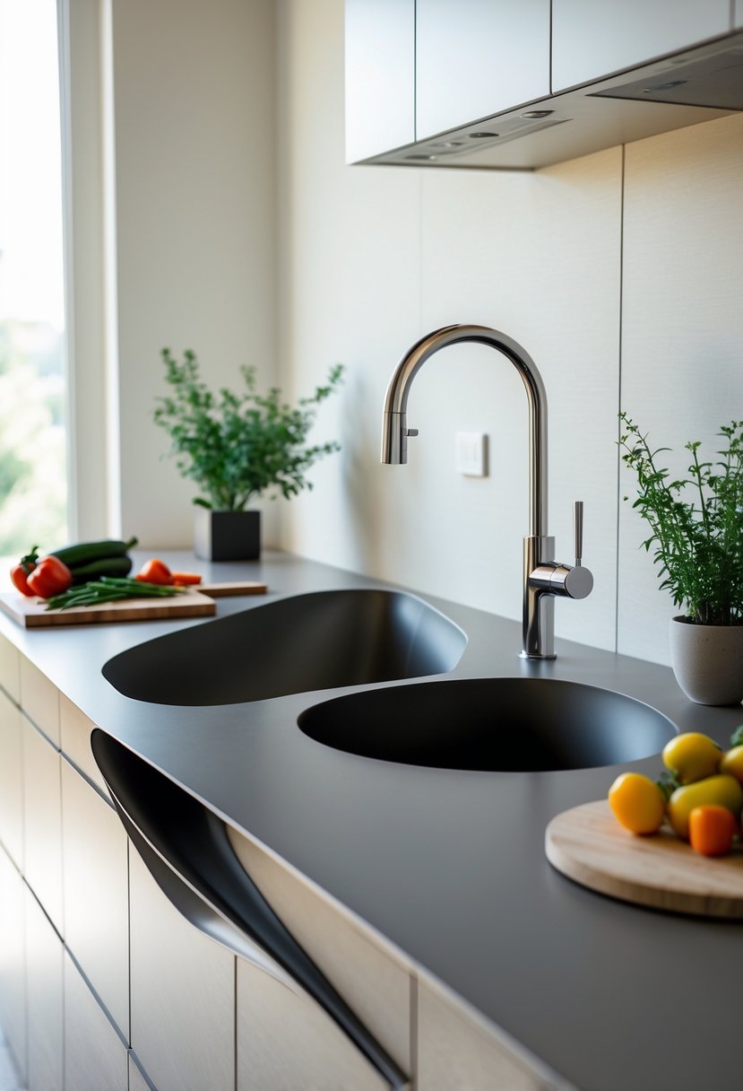 v2 14na21 loucb A modern kitchen with a sculptural sink integrated into a sleek countertop, surrounded by minimalist kitchen items and natural light.