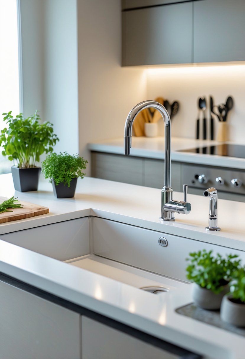 v2 14na2c ldac7 A modern kitchen with an inset porcelain sink integrated into the countertop, surrounded by kitchen utensils and fresh herbs.