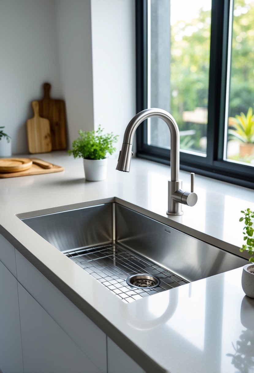 v2 14na2q k0mzq A modern kitchen with a large single basin stainless steel sink and a pull-down faucet on a clean countertop with natural light.