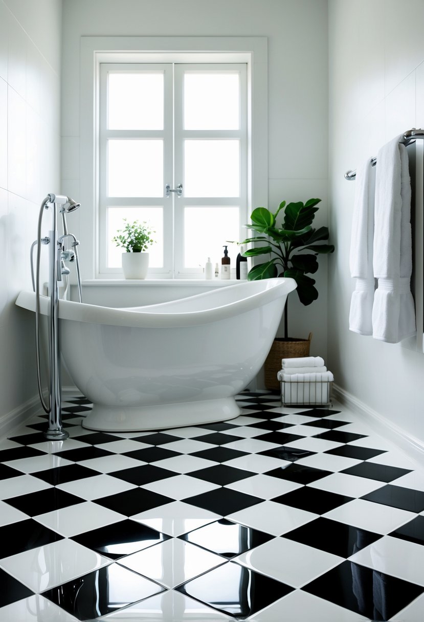 v2 14nahd jm3eo A bathroom with black and white checkerboard floor tiles, a white bathtub, chrome fixtures, and a small plant on the side.