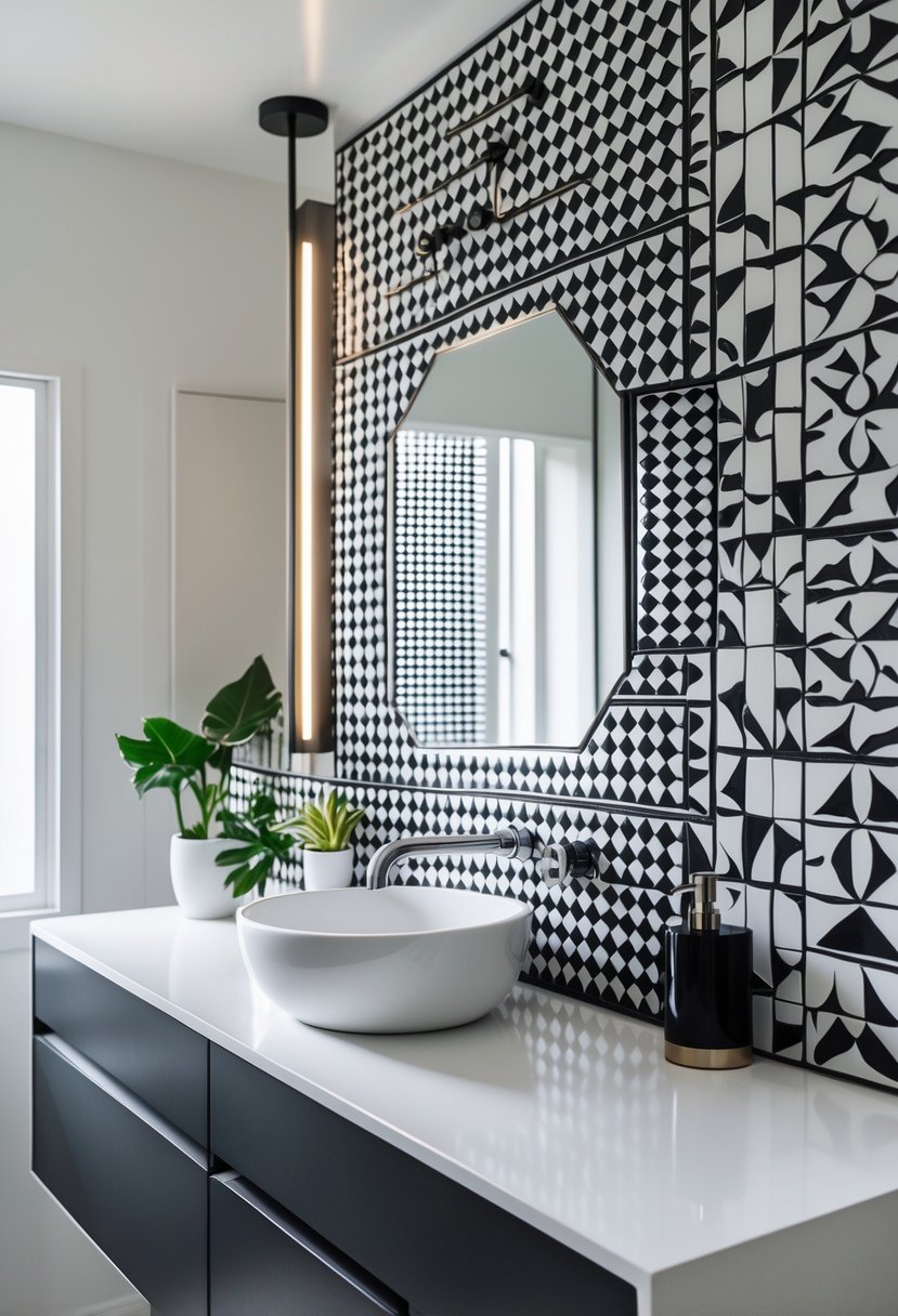 v2 14najz nnzvs A bathroom with a black and white mosaic backsplash behind a white sink and chrome faucet.