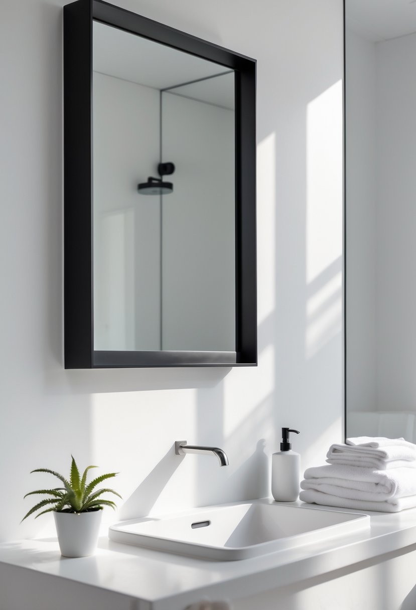 v2 14nakb 0k9fo A bathroom with a black-framed mirror above a white sink and countertop, featuring simple decor and natural lighting.