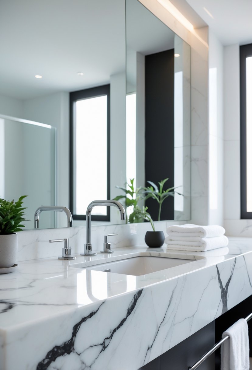 v2 14nakl 4wfkn A bathroom countertop made of white marble with black veining, featuring a sink, mirror, and small decorative items.