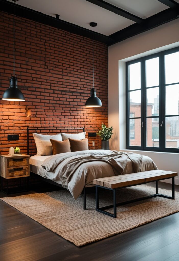 a modern teenage boys bedroom with a bed desk and window featureing bricks wall and metal furnitures a modern teenage boys bedroom with a bed, desk and window, featureing bricks wall and metal furnitures
