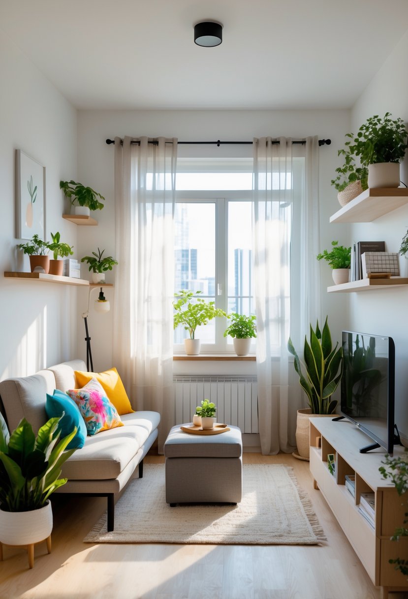 v2 14z7ov cmcpd A small, cozy living room with a sofa, coffee table, plants, and shelves in a bright apartment.