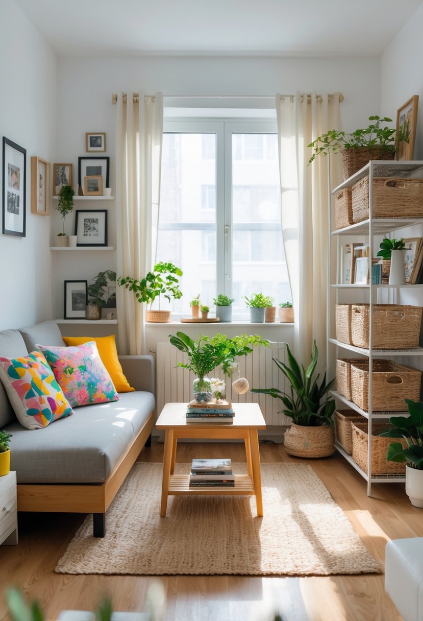 v2 14z7pb htdlu A small living room apartment with a compact sofa, coffee table, shelves with baskets, plants, and personal decorations, well-lit by natural light.