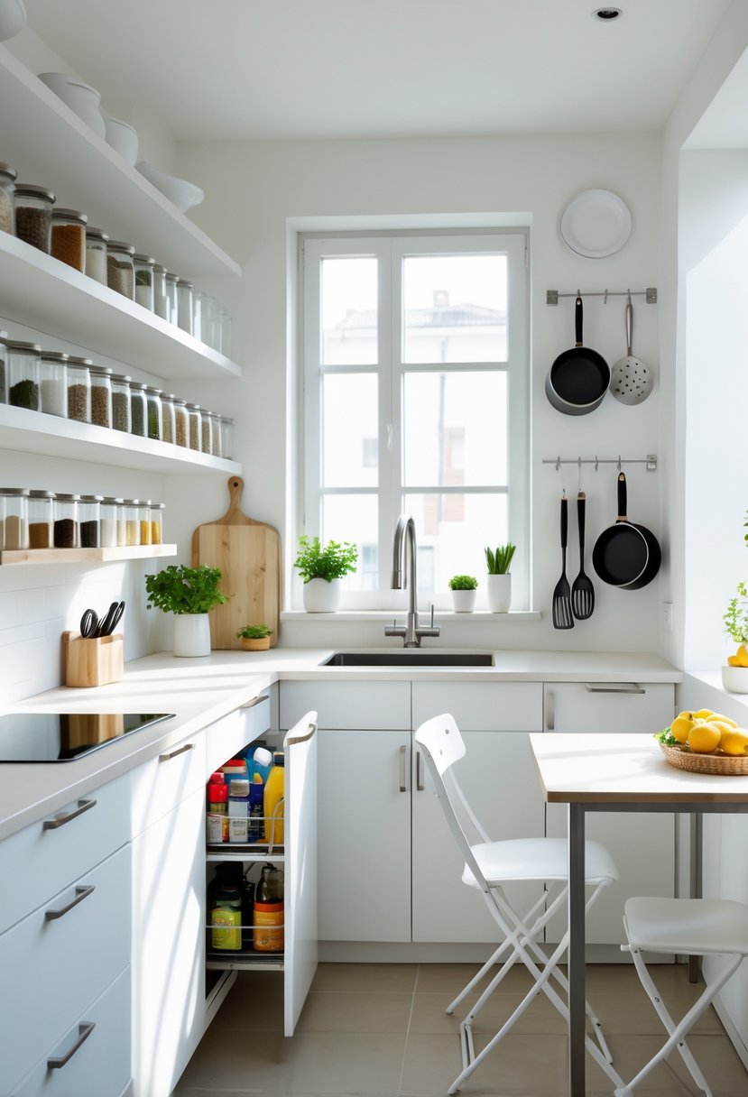 v2 154agd 01p7a A small, well-organized kitchen with shelves, hooks, and drawers neatly storing kitchen items to maximize space.