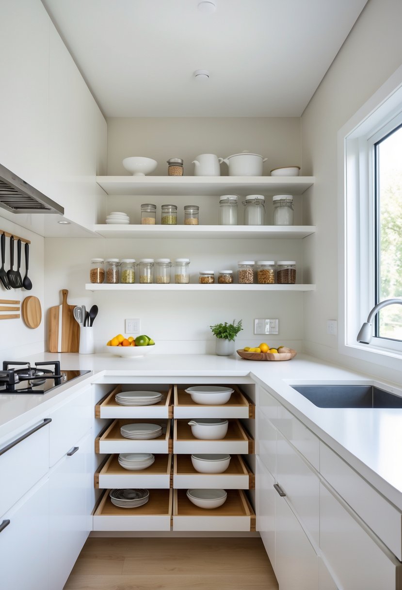 v2 154ahe vrhhc A small, organized kitchen with white cabinets, open shelves, and smart storage solutions to maximize space.