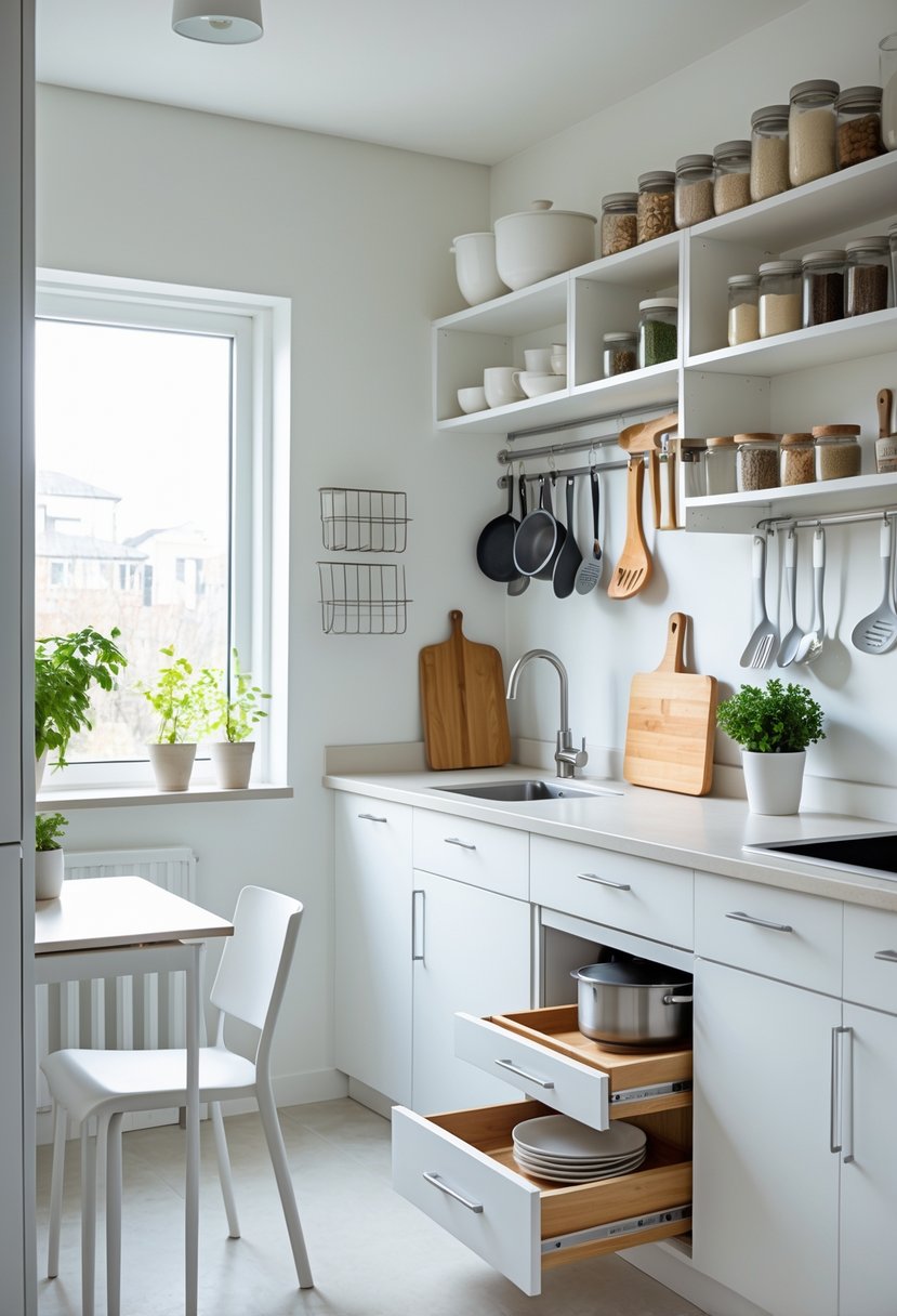v2 154ahz A small kitchen with organized shelves, hanging utensils, and clear countertops designed to maximize space.