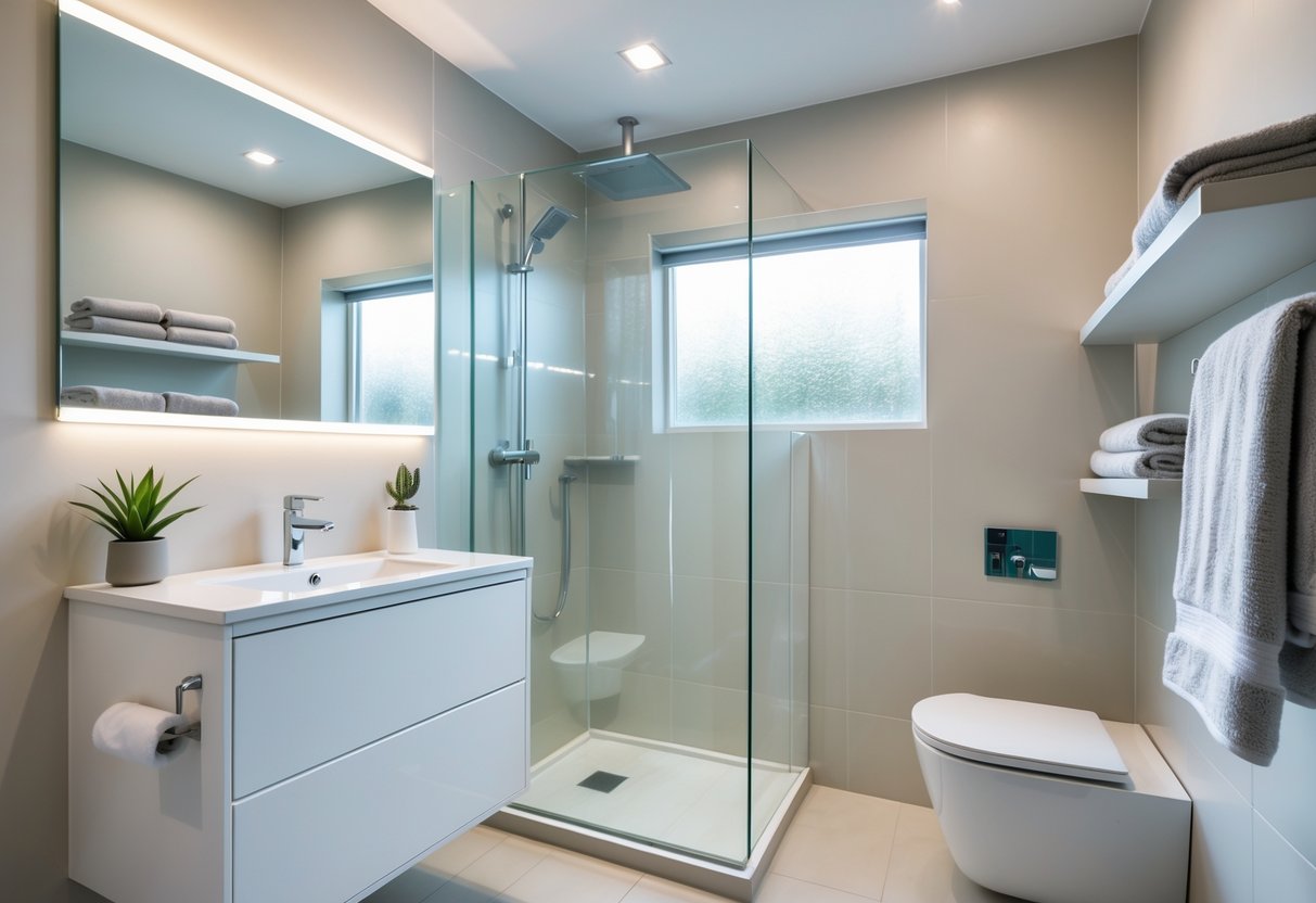 Small bathroom with a compact vanity, glass shower, floating shelves, and a small plant, designed to maximize space.
