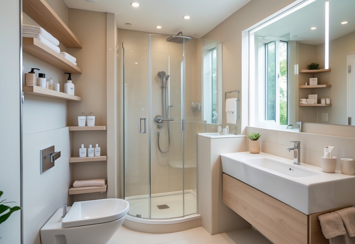 Small bathroom with wall-mounted sink, corner shower, floating shelves, and a large mirror reflecting natural light.