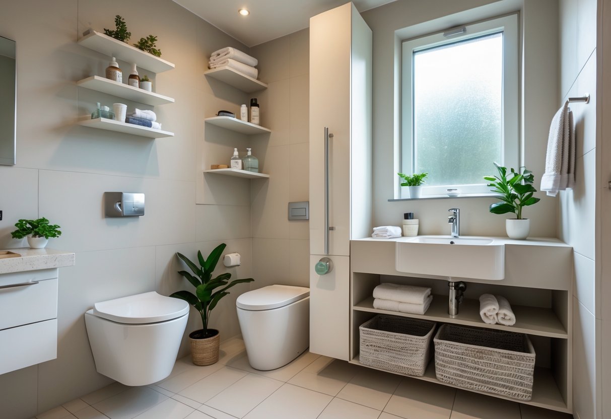 A small bathroom with floating shelves, a slim cabinet, and organized storage solutions maximizing space.