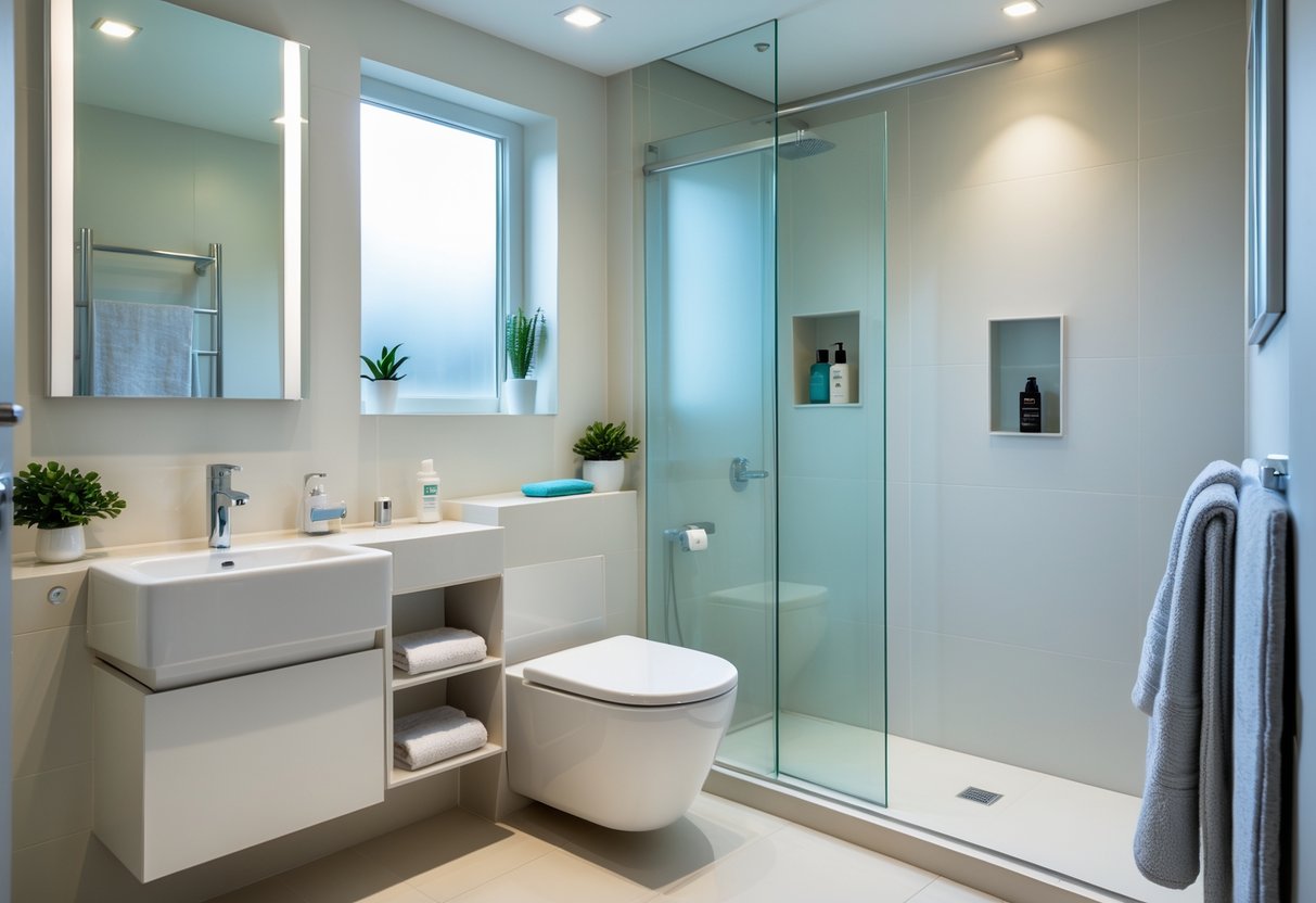 A small, tidy bathroom with a wall-mounted sink, glass shower, storage shelves, and plants, designed to maximize space.