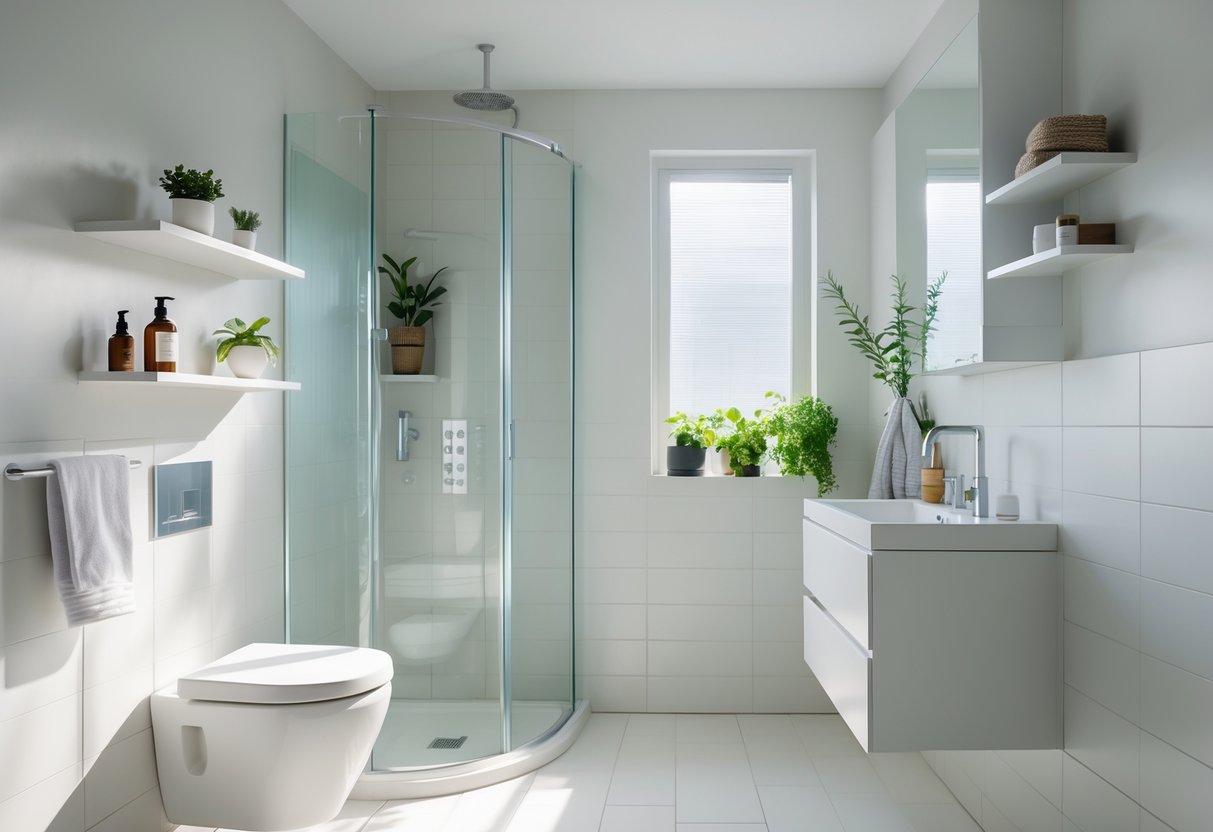 A small bathroom with a corner shower, floating shelves, compact vanity, and plants, designed to maximize space.