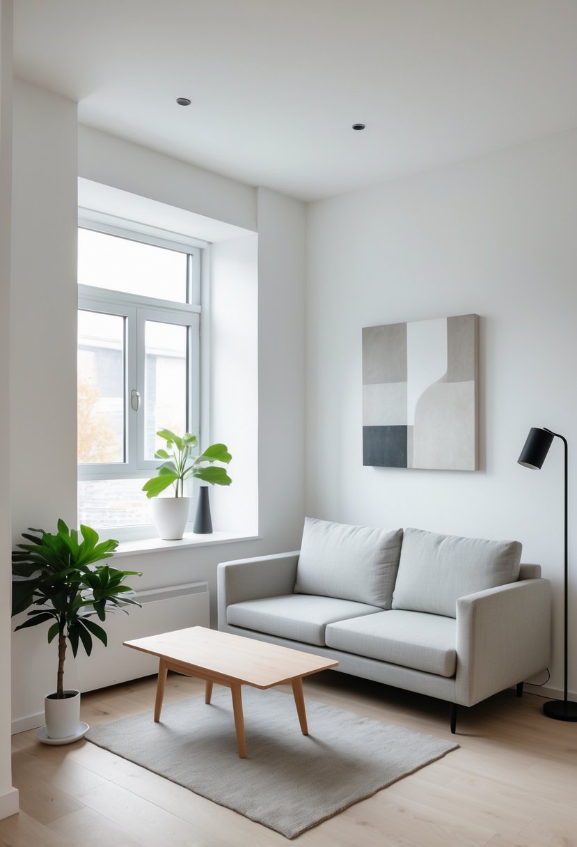 v2 154h5y 1rdea A small living room with a gray sofa, wooden coffee table, large window, and a potted plant on a light hardwood floor.