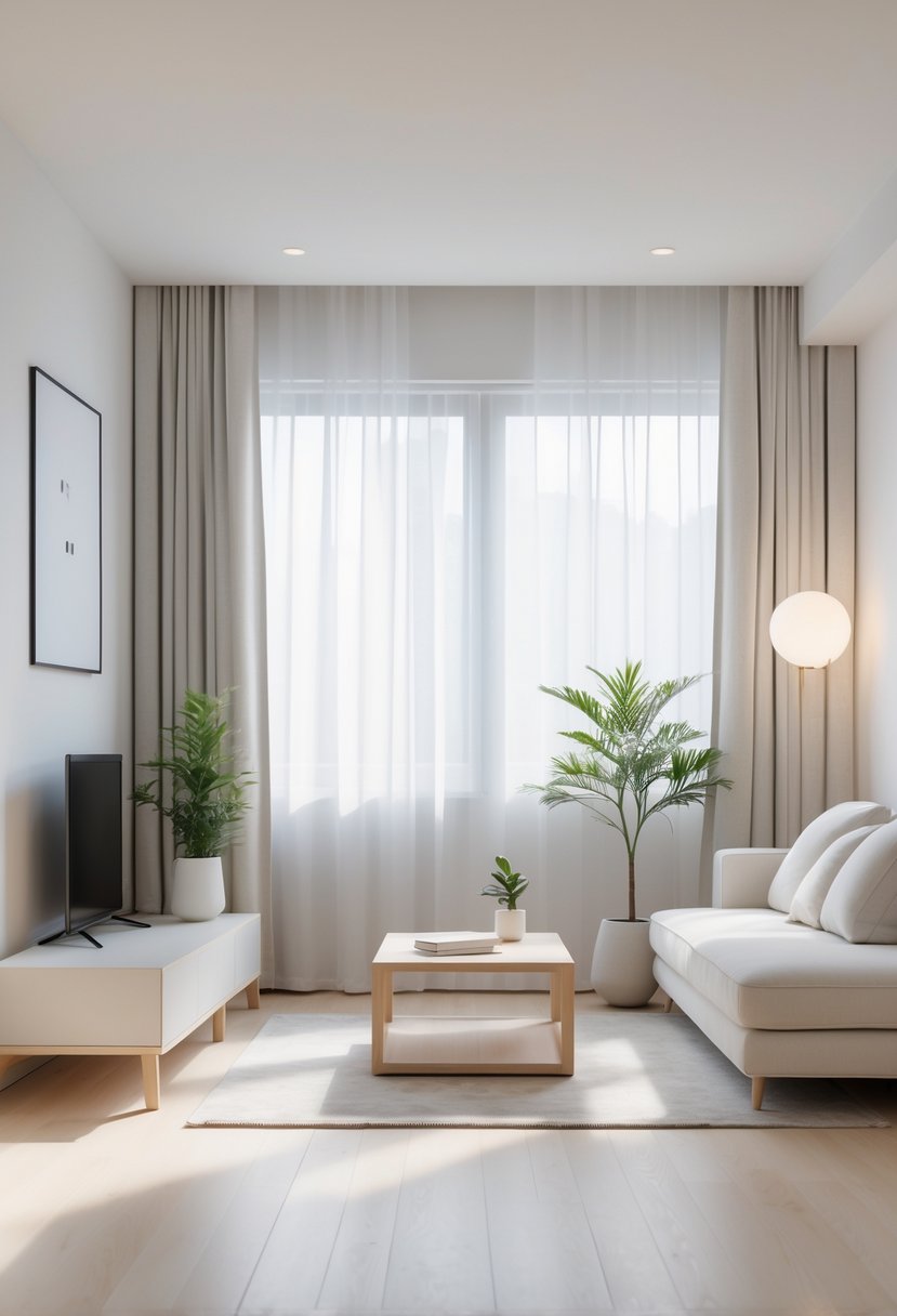 v2 154h69 drd5v A small living room with a sofa, coffee table, large windows with curtains, and a plant, arranged neatly and brightly lit.