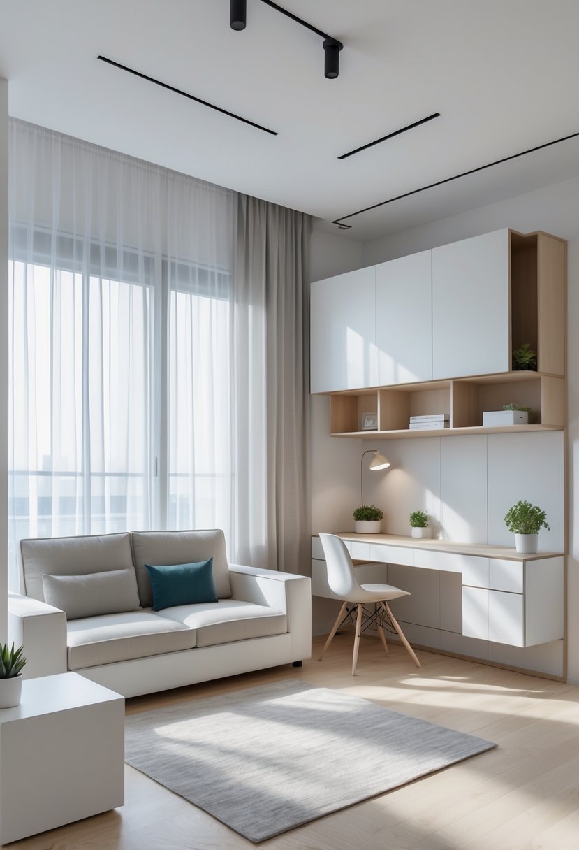 v2 154h6o sg02p A small living room with a compact sofa, foldable desk, built-in storage, large windows, and a potted plant.