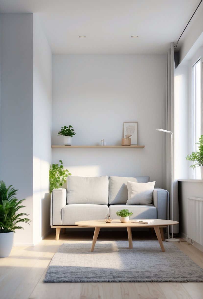 v2 154h77 09hlu A small living room with a sofa, coffee table, floor lamp, and a small shelf with decor, illuminated by natural light.