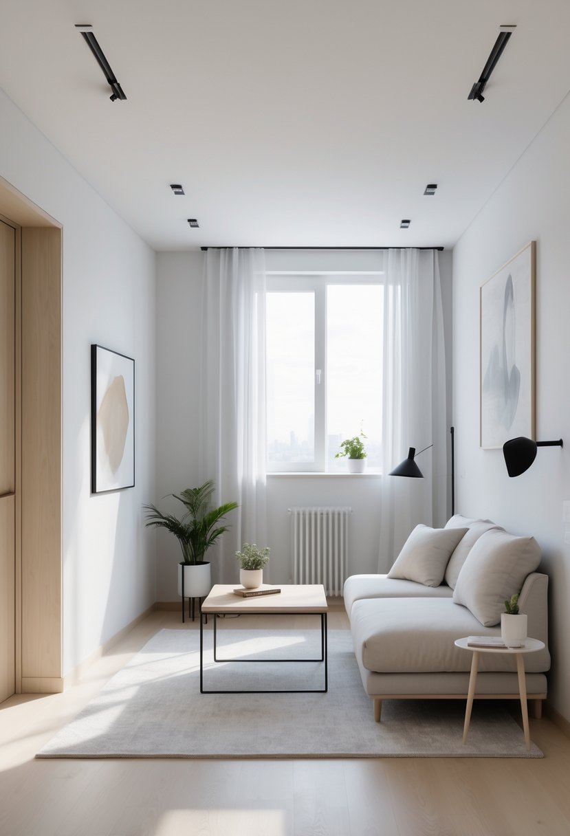 v2 154h7p A small living room with a sofa, coffee table, large window, and minimal furniture and decor.