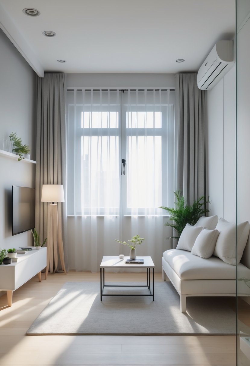 v2 154h84 khphe A small living room with a sofa, coffee table, floor lamp, large windows, and a small green plant.