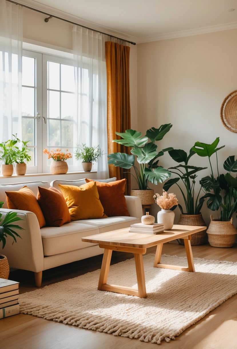 A living room with a beige sofa, warm-colored cushions, wooden coffee table, green plants, and natural sunlight coming through large windows.