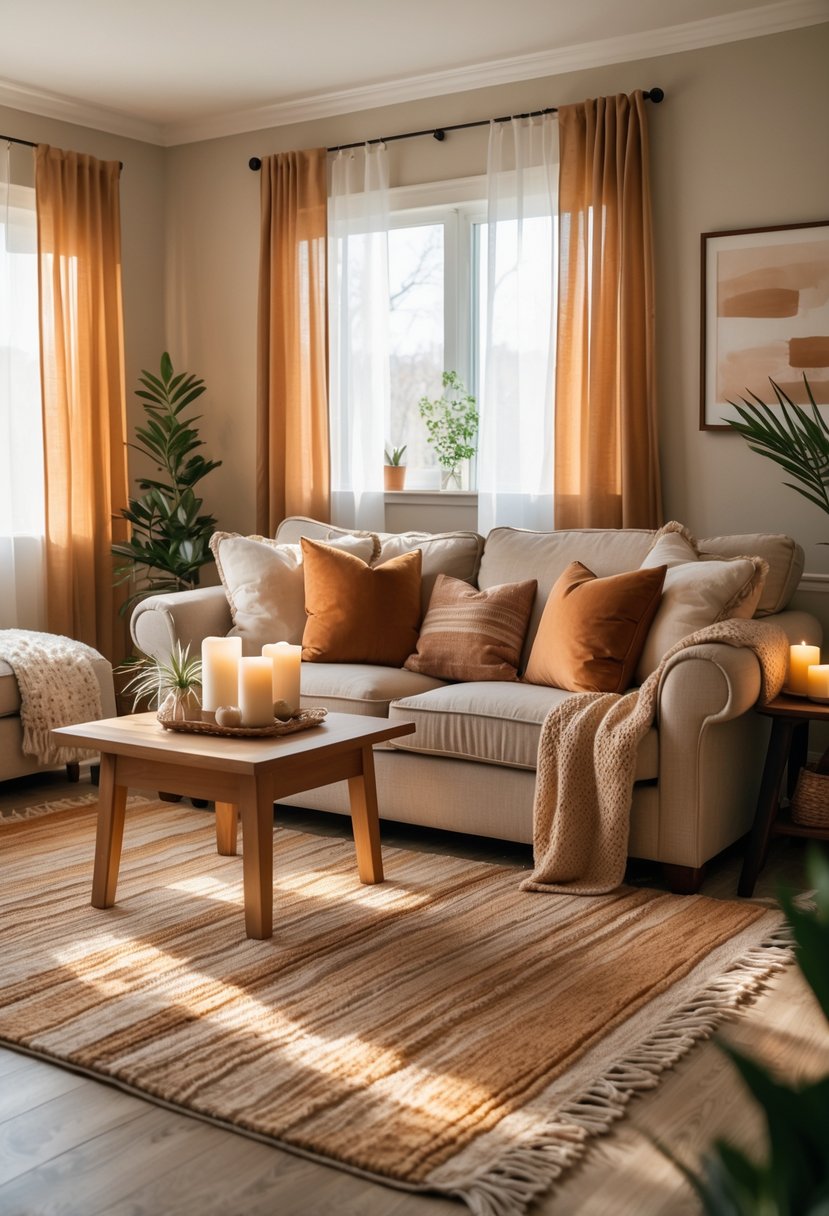 A cozy living room with a sofa, coffee table, soft cushions, warm earth tone colors, and natural light coming through sheer curtains.