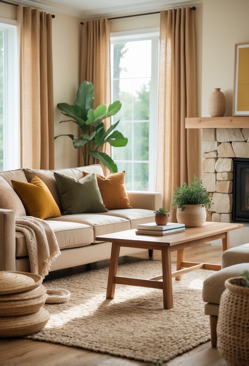 A cozy living room with a beige sofa, colorful throw pillows, a wooden coffee table, and a fireplace in the background.