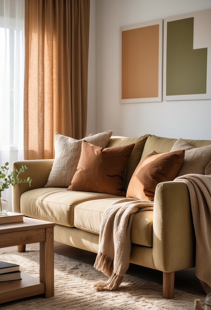 A cozy living room with a sofa, cushions, a throw blanket, a wooden coffee table with a vase of greenery, and natural light coming through sheer curtains.