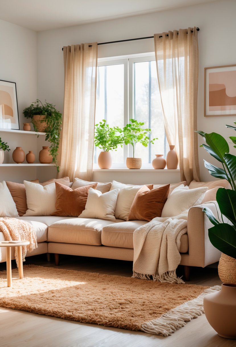 A cozy living room with a sofa, cushions, plants, and natural light coming through large windows.