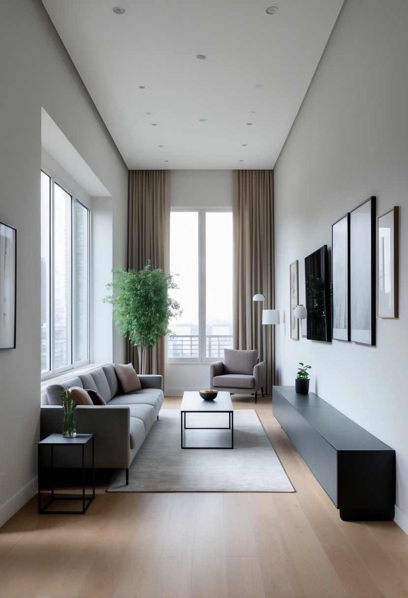 v2 154hi6 hvt1o A long narrow living room with a sofa along one wall, a coffee table, a narrow console table opposite the sofa, an armchair near the end, and large windows letting in natural light.