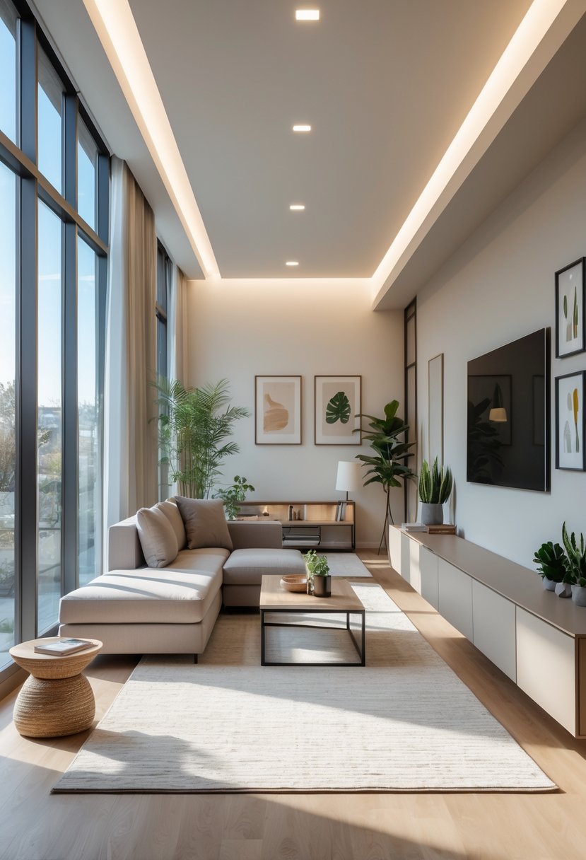 v2 154hih 3cq76 A long narrow living room with a sofa along one wall, a coffee table, media console, plants, and artwork, arranged to maximize open space.