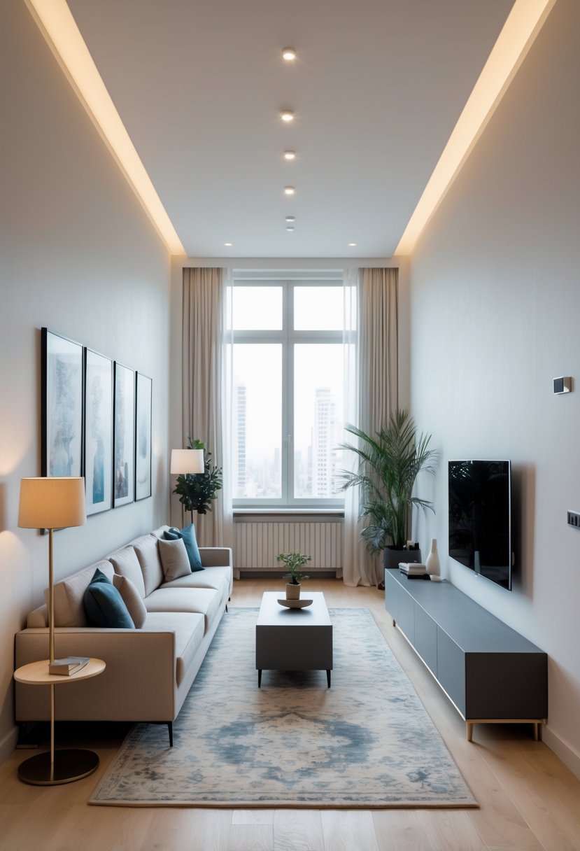 v2 154hiw plvop A long narrow living room with a sofa along one wall, a coffee table in the center, a media unit opposite the sofa, and large windows letting in natural light.