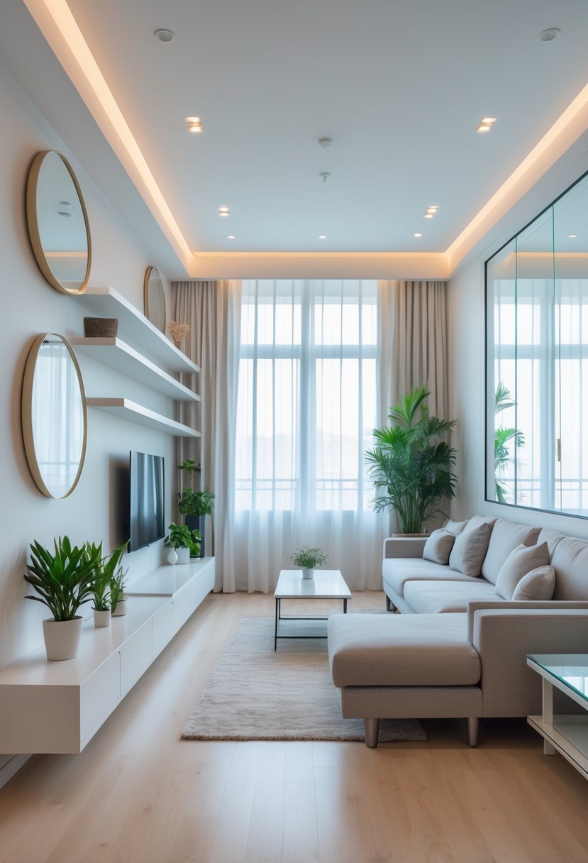 v2 154hjc 8qqvd A long narrow living room with a slim sofa, narrow coffee table, shelving units, mirrors, plants, and natural light coming through large windows.