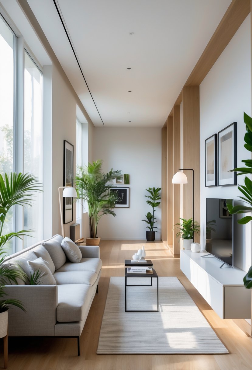 v2 154hkb dnfd1 A long narrow living room with a sofa along one wall, a coffee table, media console, plants, and natural light coming through large windows.