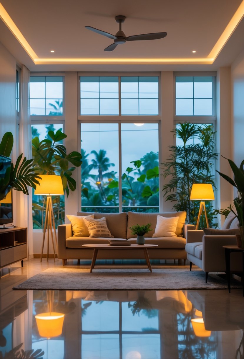 v2 154hna phh9i A well-lit living room with large windows, comfortable furniture, and various lamps brightening the space.