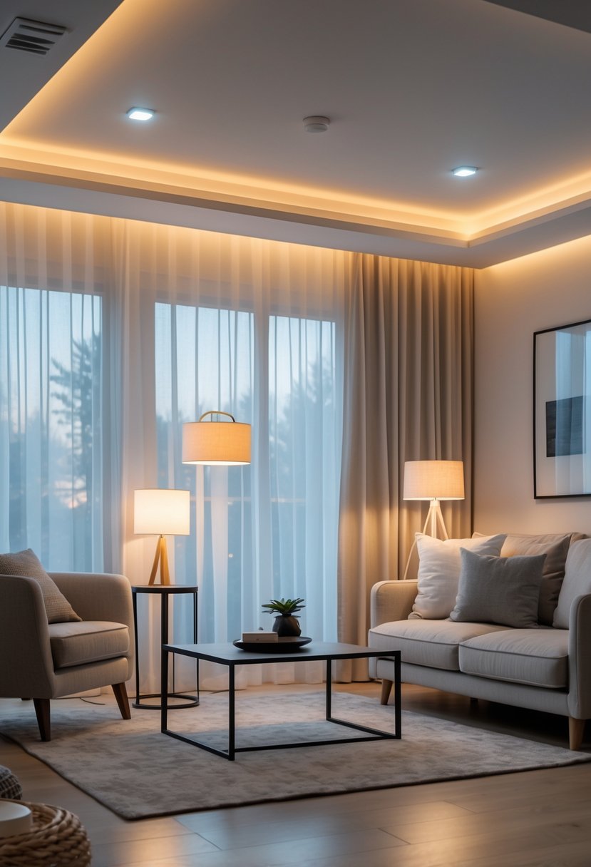 v2 154hog rezr9 A bright living room with a sofa, coffee table, floor lamp, table lamp, and recessed ceiling lights illuminating the space.