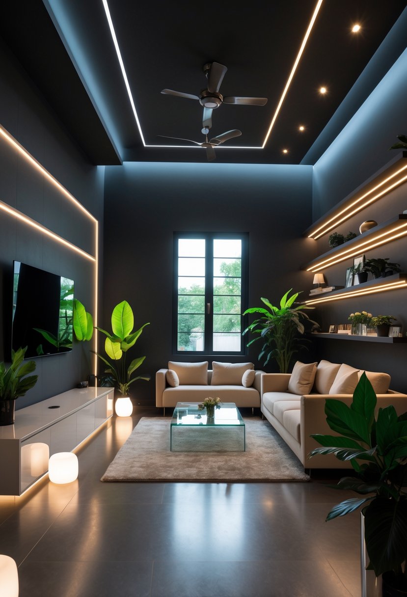 v2 154hox tkyz2 A modern living room with dark walls brightly illuminated by various lamps and LED lights, featuring light-colored furniture and green plants.