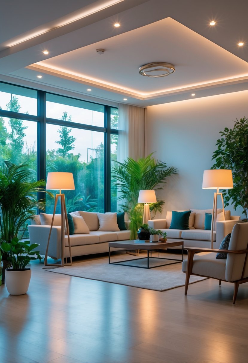 v2 154hpg byri1 A well-lit living room with multiple light sources, comfortable furniture, and indoor plants.