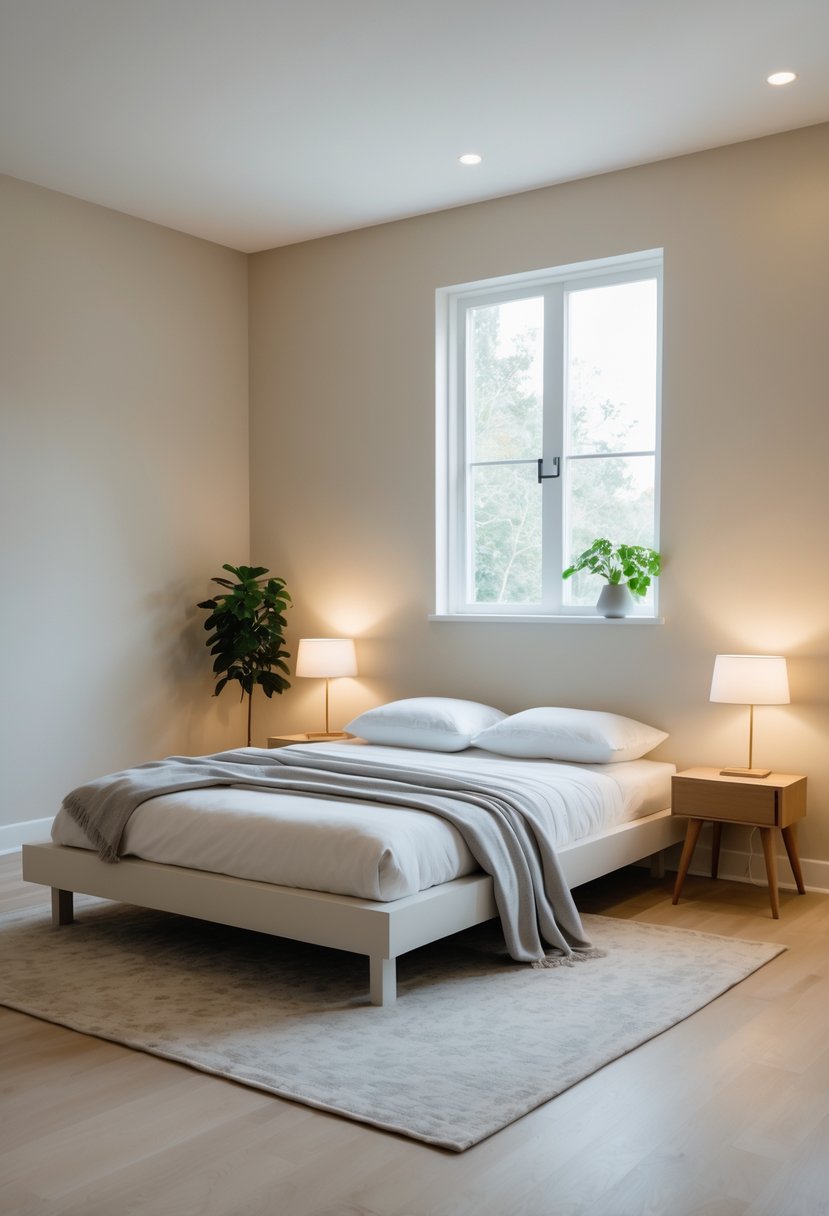 A simple bedroom with a bed, two nightstands with lamps, a window letting in natural light, and a potted plant.